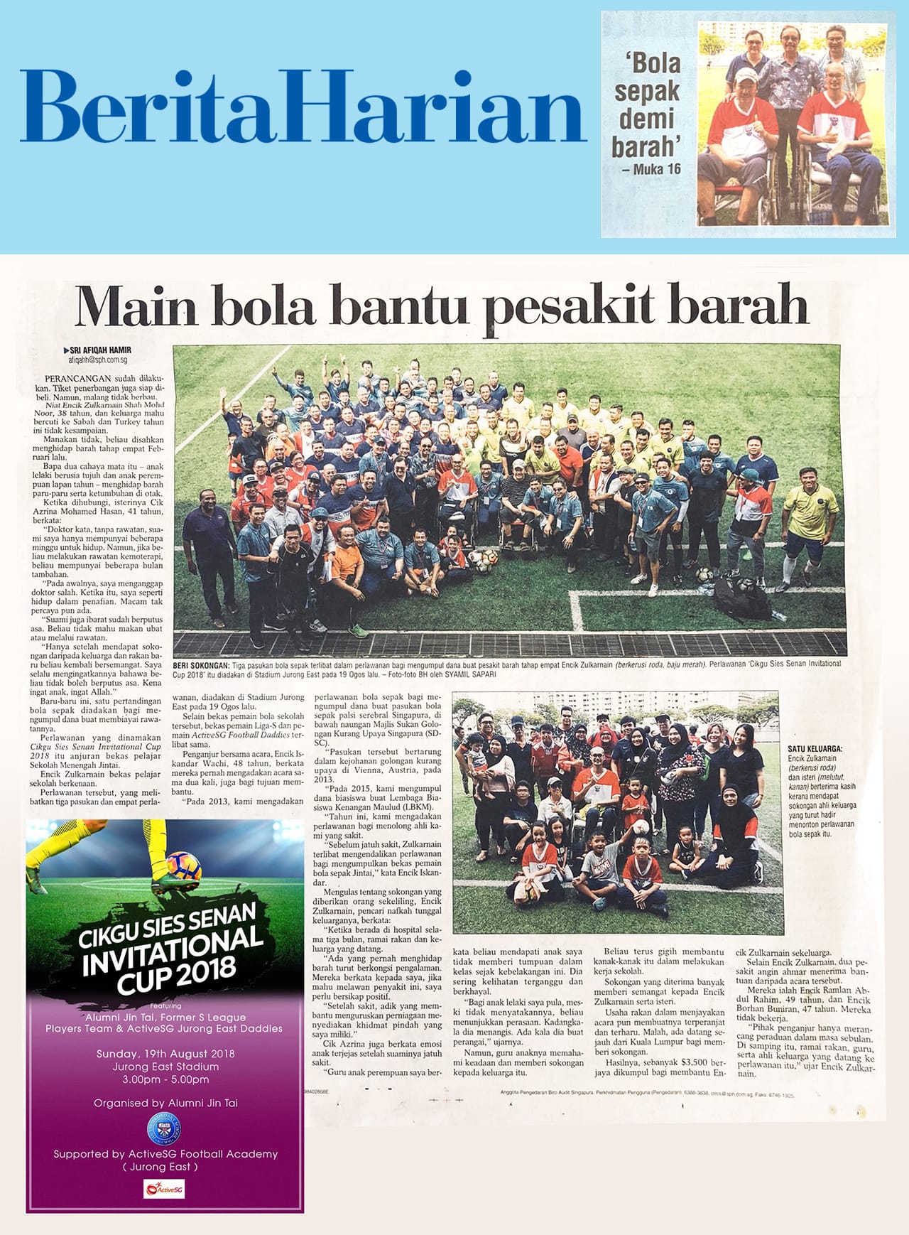 Berita Harian newspaper page featuring a large group photo of soccer players on a green field.